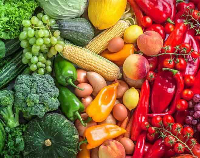 Assorted fresh fruits and vegetables display
