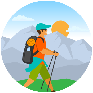 Hiker walking with backpack and poles